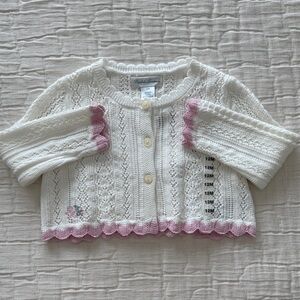 NWT Ralph Lauren Girls White Baby Knit Cardigan with Pink Scalloped Edging 12M